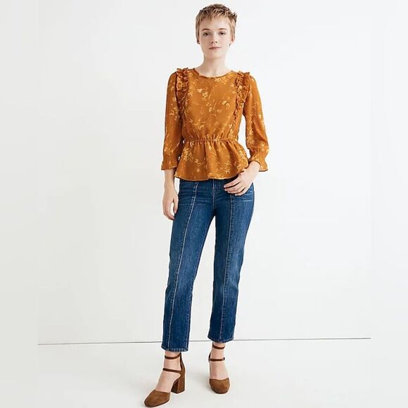 Madewell Ruffle Shoulder Peplum Top in Tonal Botanical Rich Amber size Medium - Picture 1 of 14